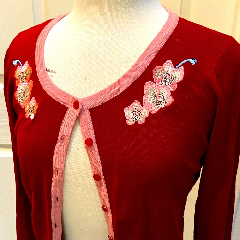 Retro Maroon Cardigan with Pink Embroidered Flowers